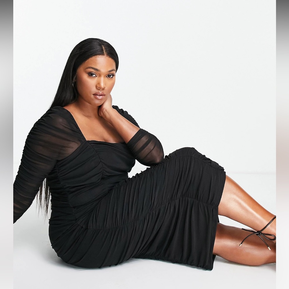 ASOS DESIGN curve mesh ruched midi dress with puff sleeve - Picture 4 of 5
